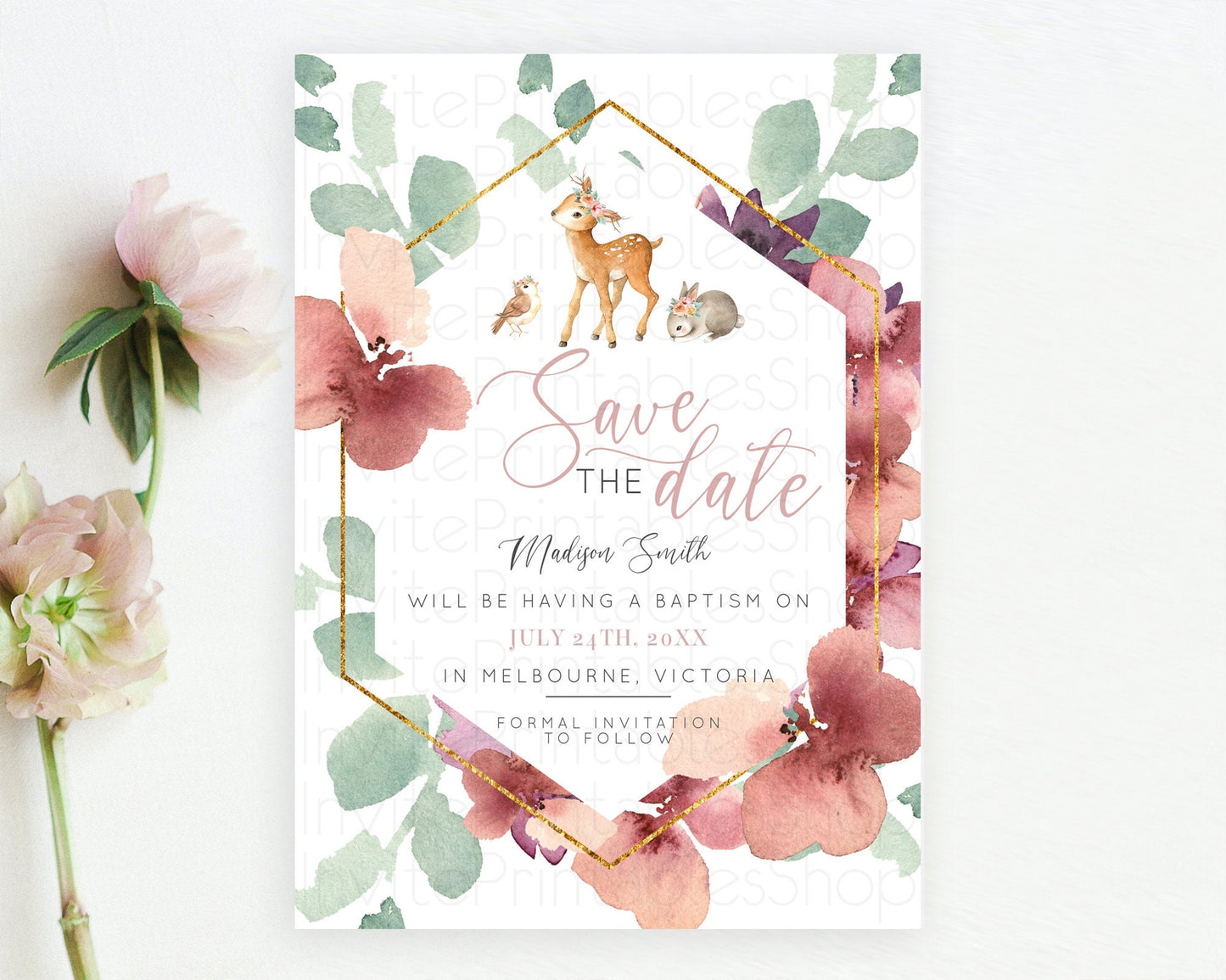 Fawn Deer Save The Date Template Pastel Floral Deer Enchanted Forest Butterfly Party 1st Birthday Baptism Baby Shower Bridal Shower D10913