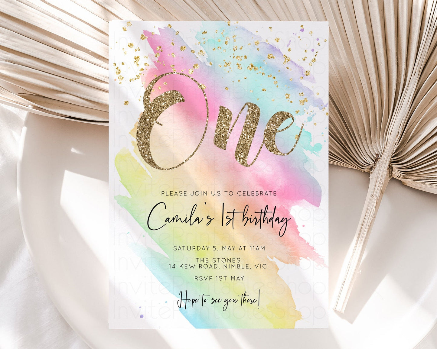 Rainbow Birthday Invitation Pastel Rainbow Birthday Invitation Ombre Watercolor Invite Colorful Splash Glitter Sprinkles 1st 2nd 3rd T518