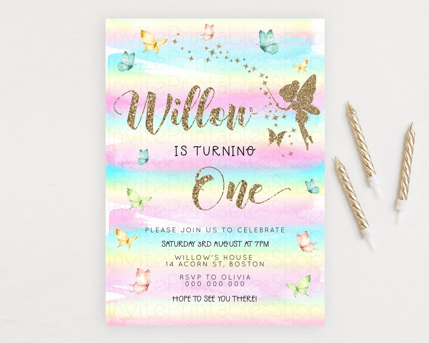 Pastel Fairy Birthday Invitation Pastel Butterflies Fairy Birthday Invitation Rainbow Ombre Watercolor 1st 2nd Birthday Invitation D23312