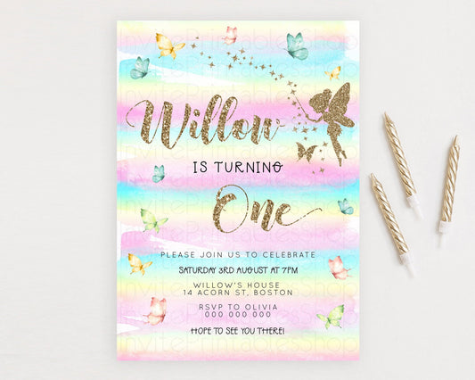 Pastel Fairy Birthday Invitation Pastel Butterflies Fairy Birthday Invitation Rainbow Ombre Watercolor 1st 2nd Birthday Invitation D23312