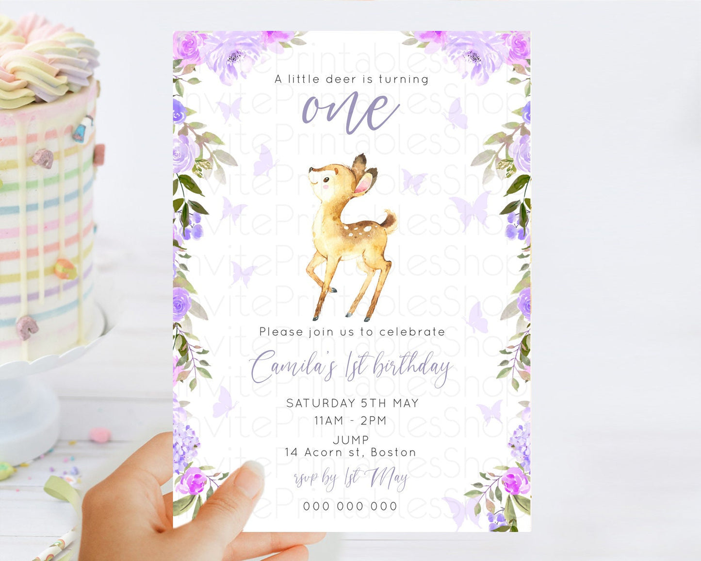 Fawn Birthday Invitation Deer Birthday Invitation Enchanted Forest Party Butterfly Pastel Flowers Whimsical 2nd 1st First Birthday D10916