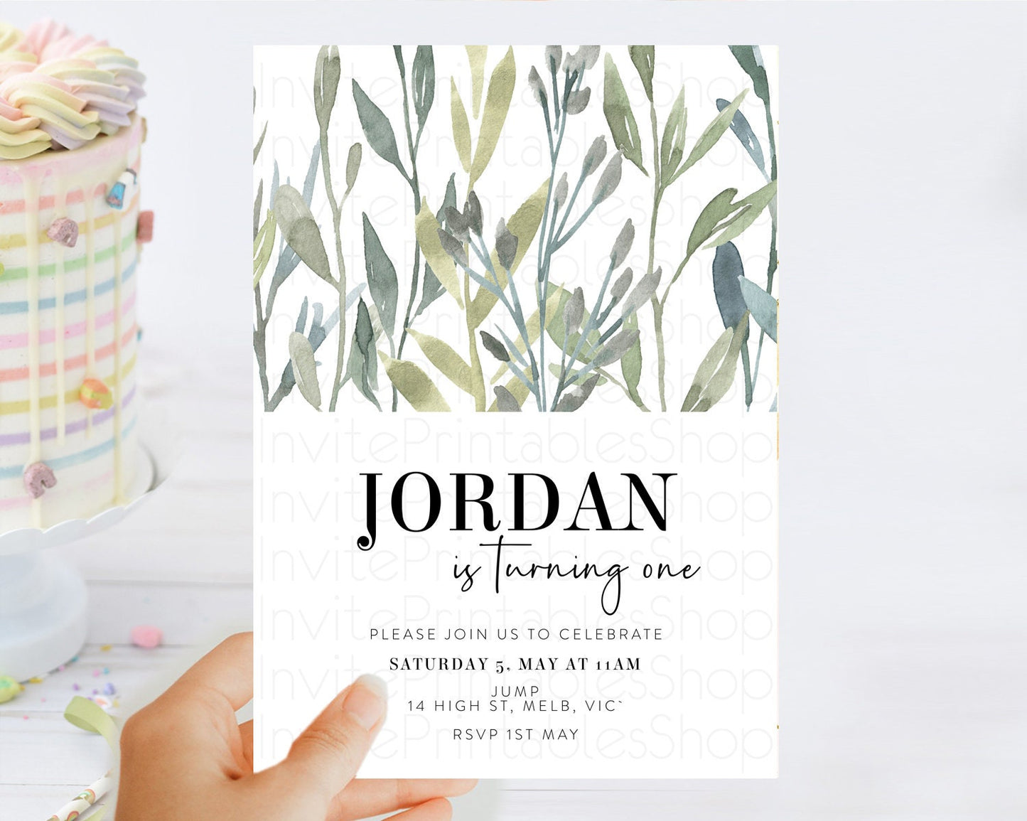 Leafy Birthday Invitation Leafy Invitation Simple Greenery Invitation Eucalyptus Fern Spray Leaves Minimal Green Leaf Watercolour D11060