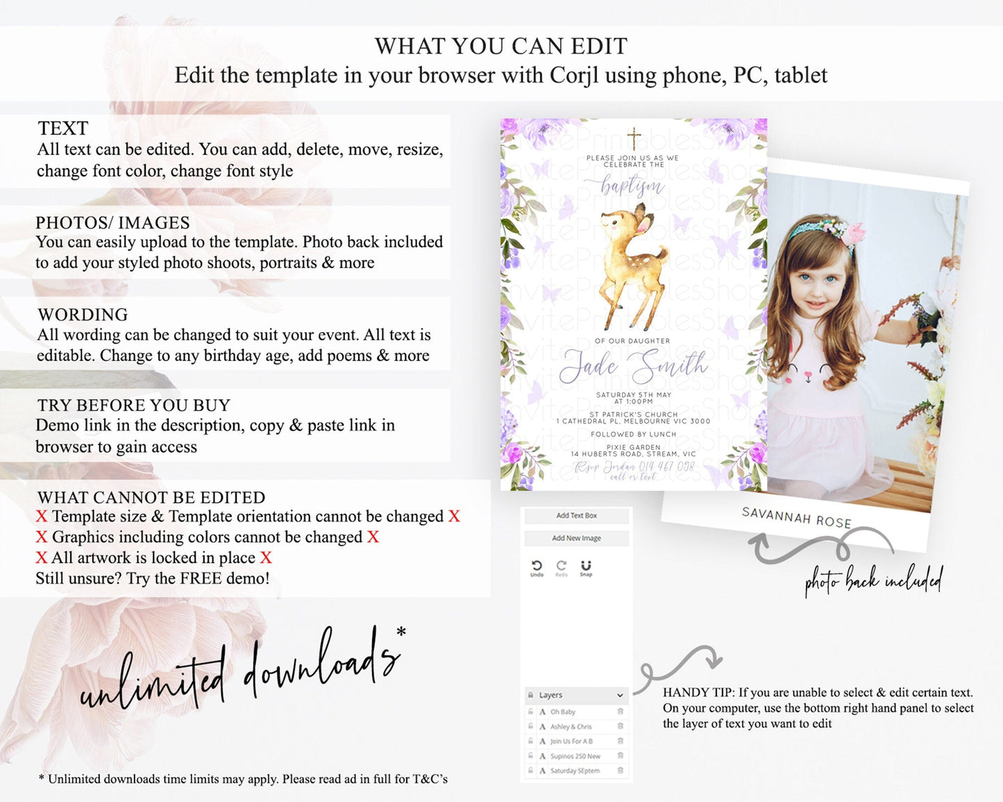 Fawn Baptism Invitation Deer Baptism 1st Birthday Invitation Enchanted Forest Christening Invitation Pastel Garden Butterfly Floral D10916