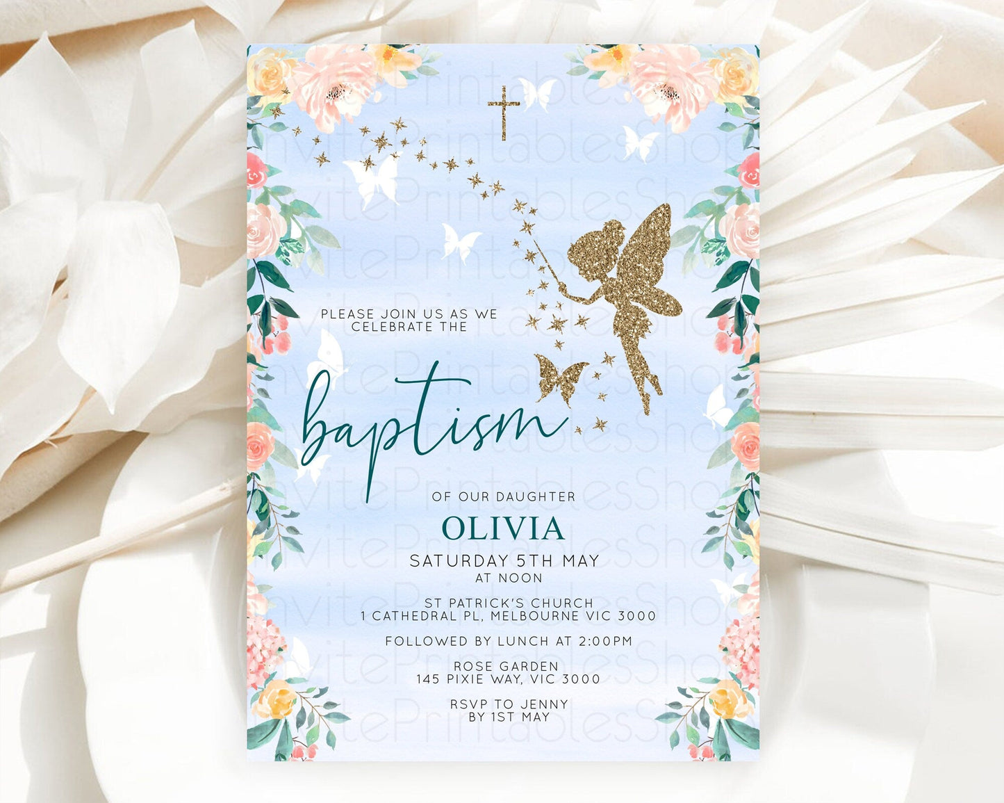 Fairy Baptism Invitation Fairy Baptism 1st Birthday Invitation Enchanted Secret Garden Christening Invite Pastel Floral Butterfly D10794