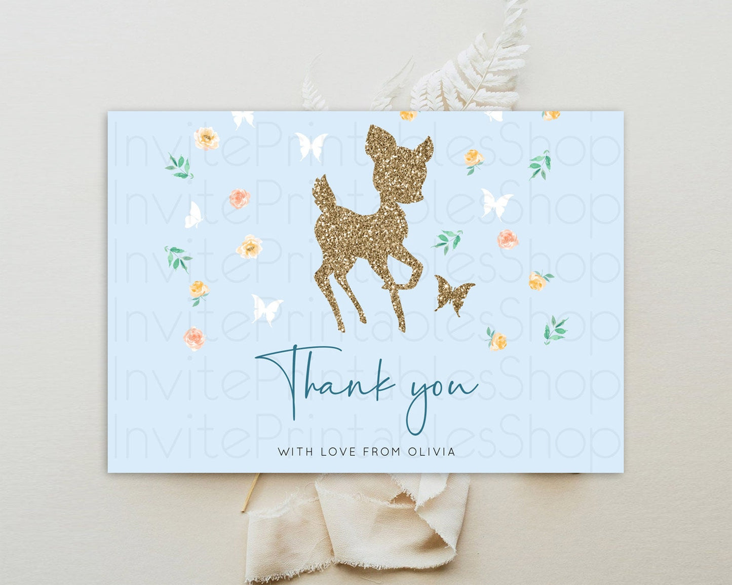 Fawn Thank You Deer Thank You Card Pastel Floral Deer Birthday Thank You Card Enchanted Forest Butterfly Deer Teacher Thank You Card D10902