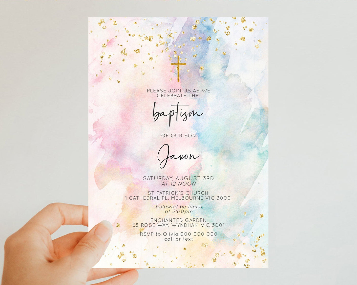 Rainbow Baptism Invitation Pastel Christening Invitation Holy Communion Invitation Glitter Watercolor Splash Invitation Colorful Invite 276