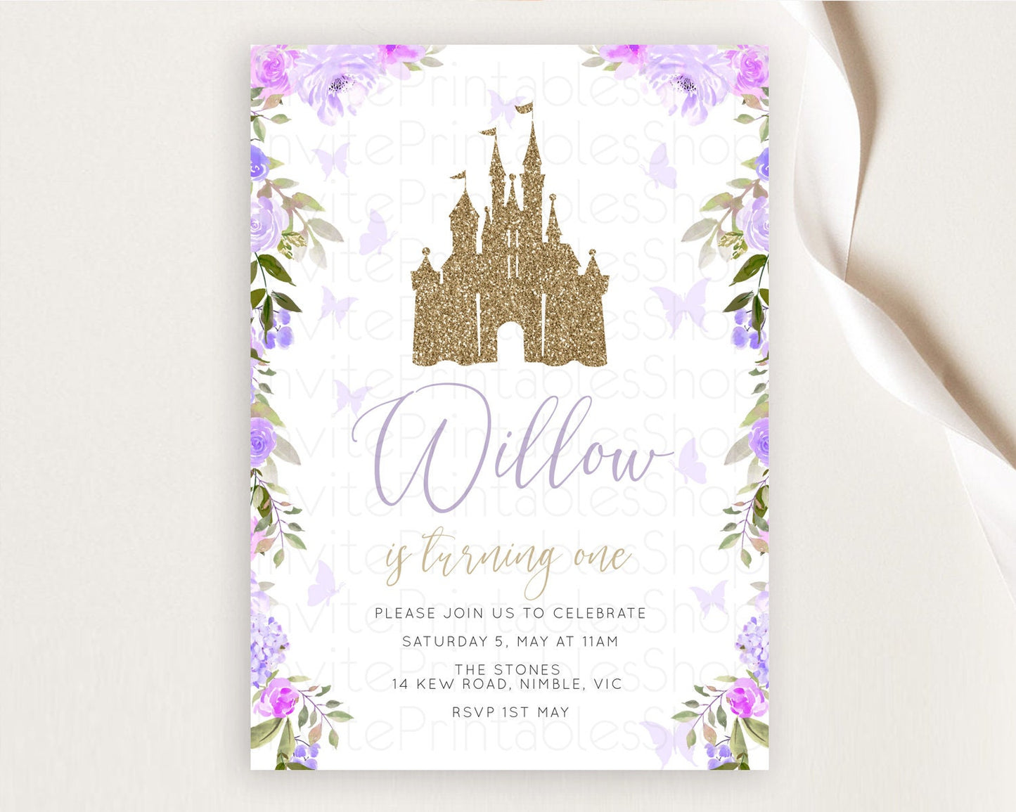 Princess Birthday Invitation Castle Invitation Royal Birthday Fairy Tale Enchanted Castle Pastel Floral Garden 1st First Birthday D10933