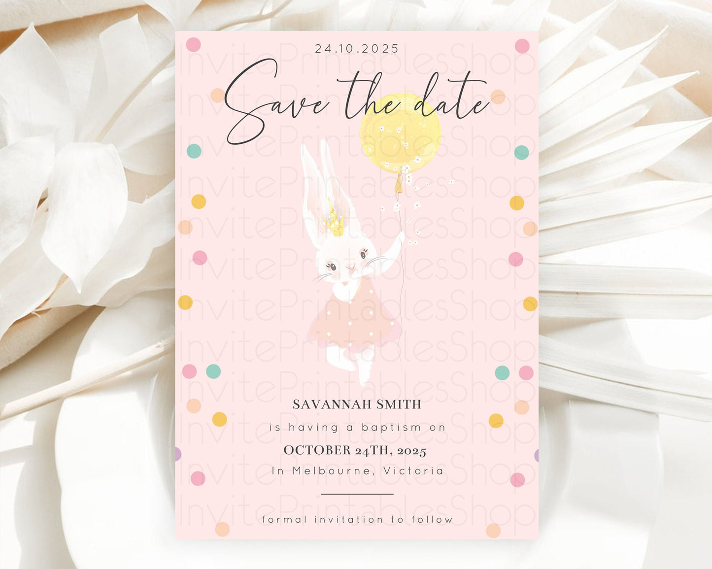 Bunny Balloon Save The Date Template Colorful Pastel Confetti Sprinkles Bunny Party Save The Date 1st Birthday Baby Shower Baptism D10219