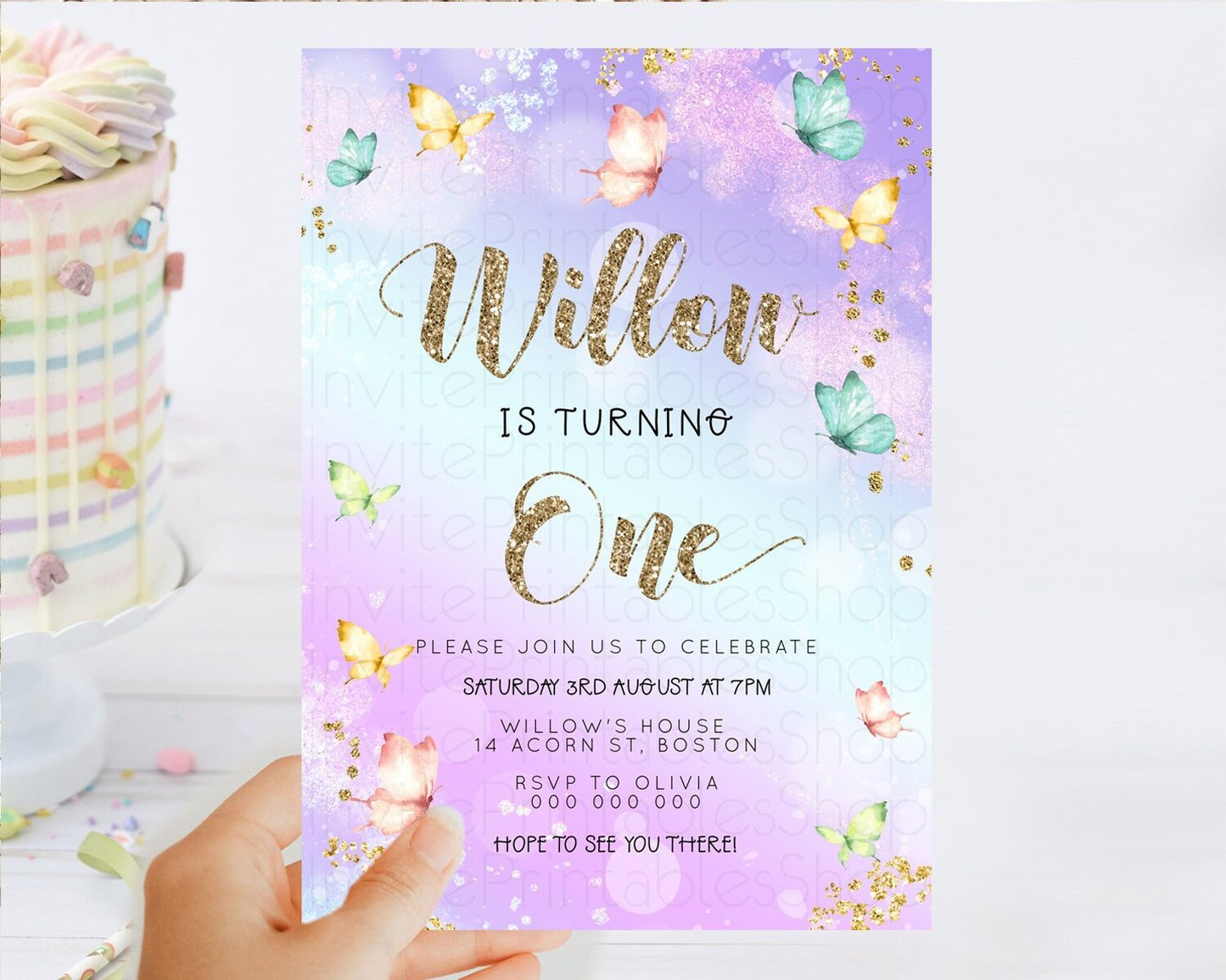 Pastel Butterfly Birthday Invitation Butterfly Birthday Invitation Colorful Splash Glitter Butterfly Garden 1st 2nd Birthday D23094