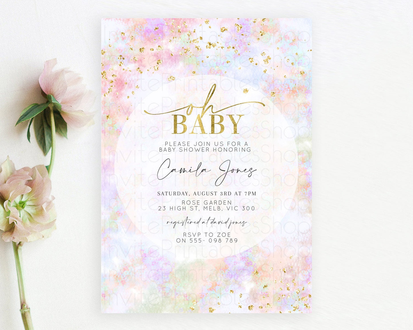 Pastel Baby Shower Invitation Rainbow Baby Shower Invitation Colorful Pastel Watercolor Invitation Gold Glitter Sprinkles Ombre D10649