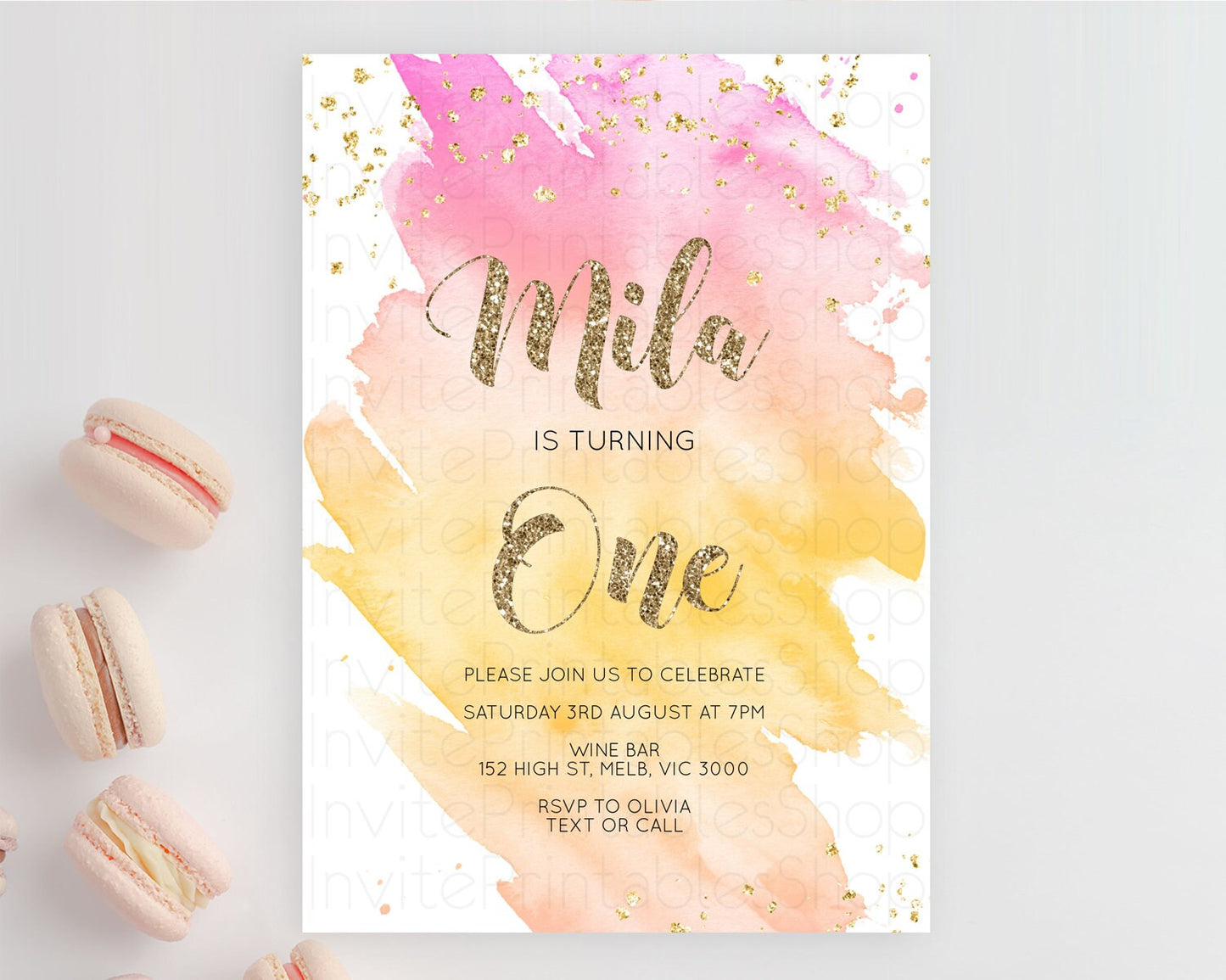 Rainbow Birthday Invitation Colorful Pastel Watercolor Invitation Gold Glitter Sprinkles Ombre Pastel 1st 2nd 3rd Birthday D10526