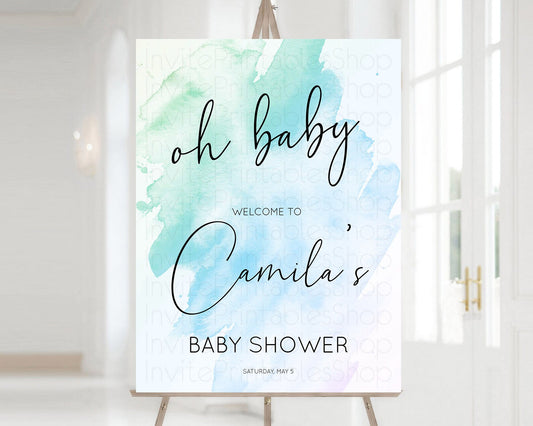 Blue Baby Shower Welcome Sign Blue Watercolor Welcome Board Pastel Blue Party Décor Purple Watercolor Baby Shower Welcome Poster D10168