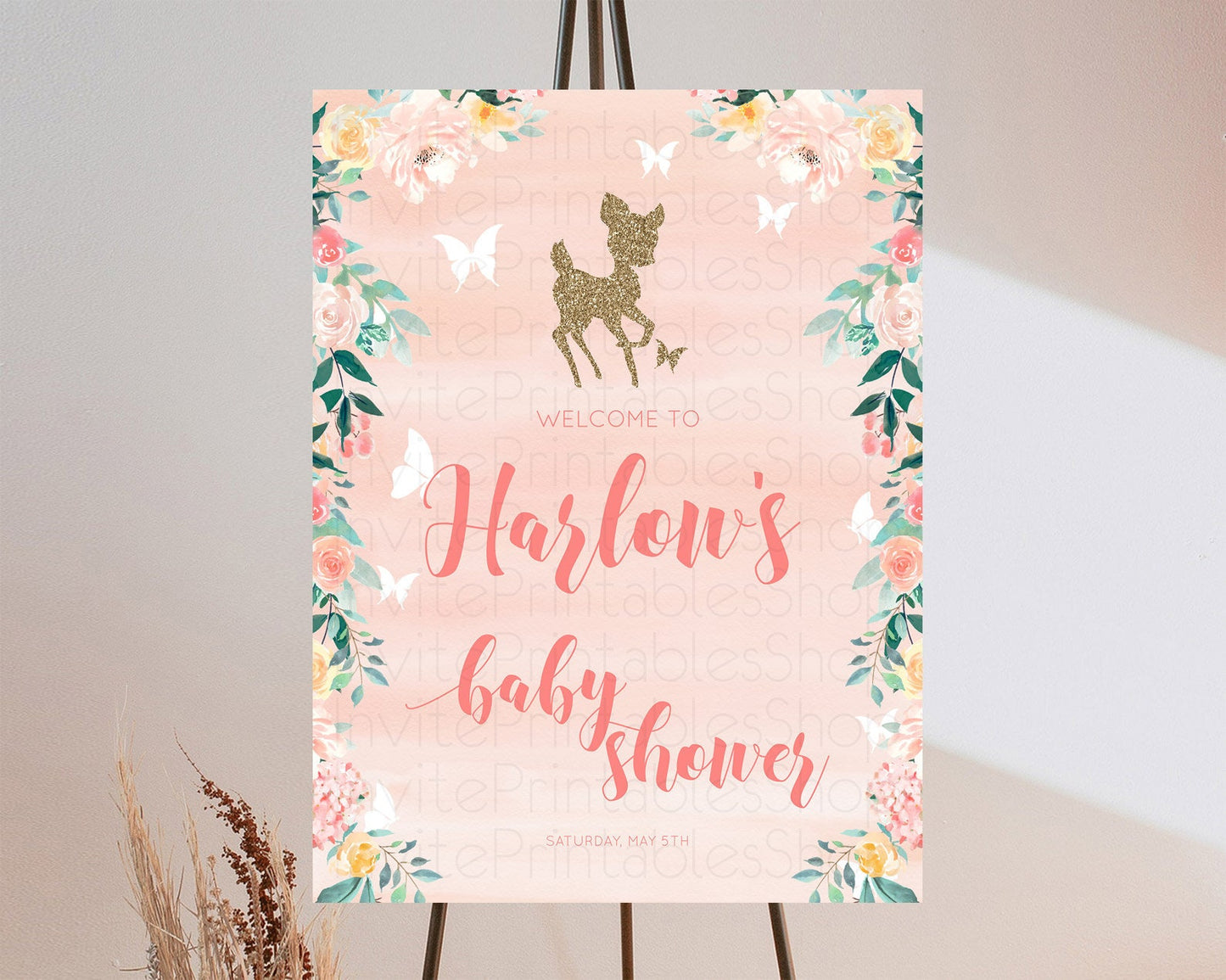 Fawn Baby Shower Welcome Sign Deer Welcome Board Floral Deer Welcome Poster Enchanted Forest Butterfly Pastel Floral Welcome Sign D10873