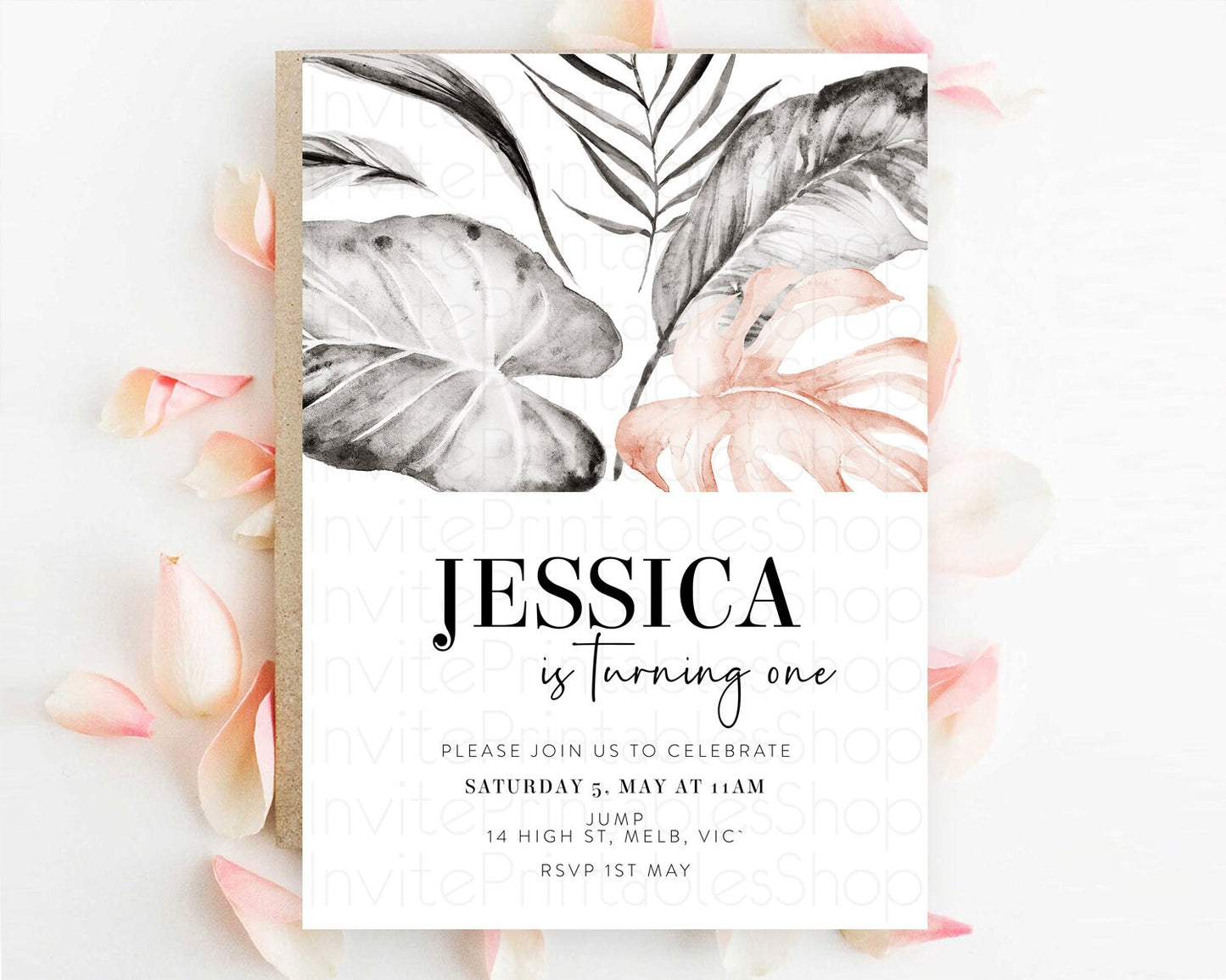 Tropical Invitation Tropical Birthday Invitation Tropical Floral Invitation Palm Leaf Fern Invite Frangipani White Orchid Invitation D11065