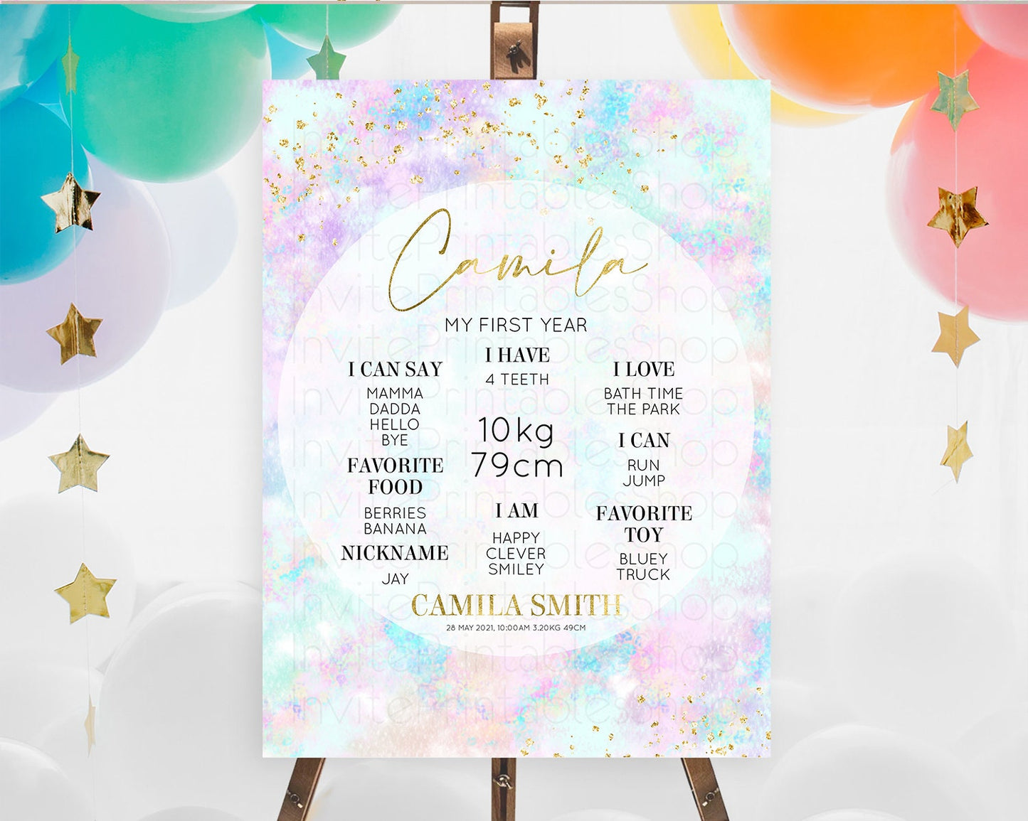 Pastel First Birthday Milestone Board Pastel Rainbow Milestone Poster Colorful Confetti Watercolor Glitter 1st Birthday Welcome Sign D10652