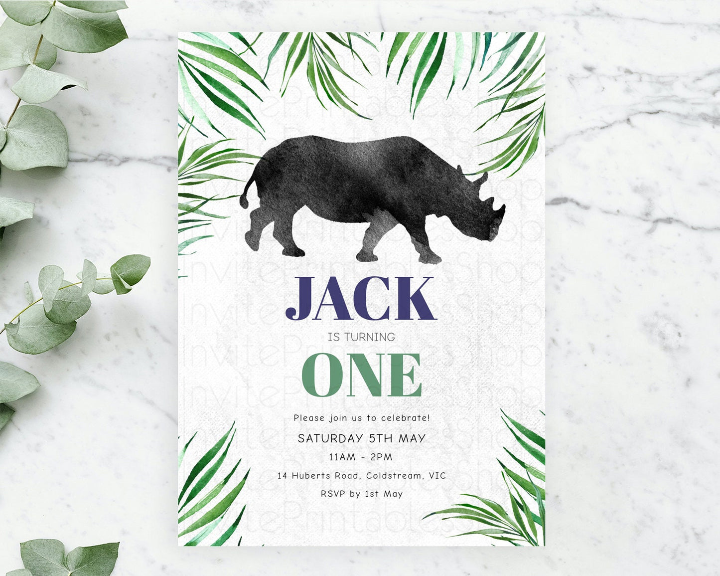 Rhino Birthday Invitation Rhino Invitation Rhino Birthday Rhino Safari Adventure Invite Rhino Palm Leaf Invite Zoo Party D10843