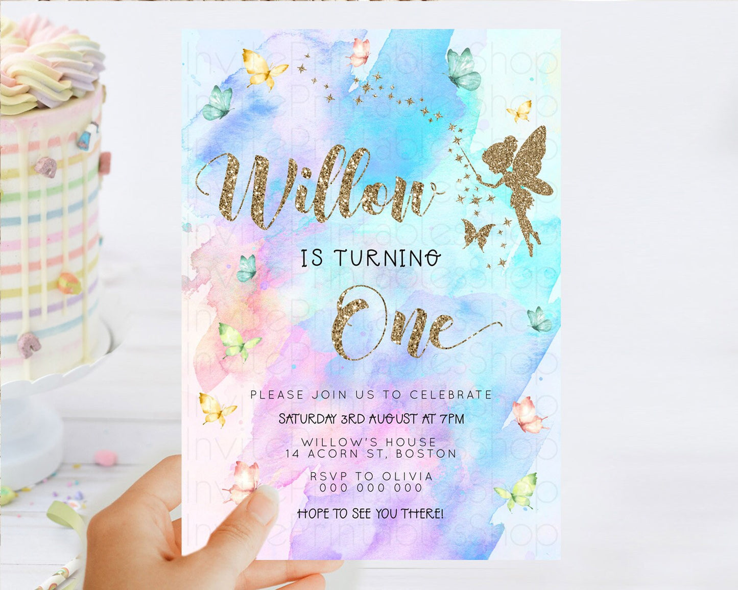 Pastel Fairy Birthday Invitation Pastel Butterflies Fairy Birthday Invitation Rainbow Ombre Watercolor 1st 2nd Birthday Invitation D23340