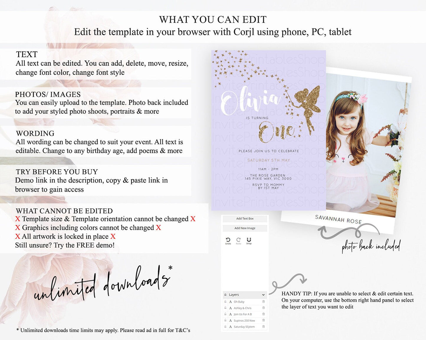 Fairy Birthday Invitation Fairy Invites Fairy Tea Party Fairy Garden Birthday Secret Garden Enchanted Garden Pastel Floral Butterfly D10389