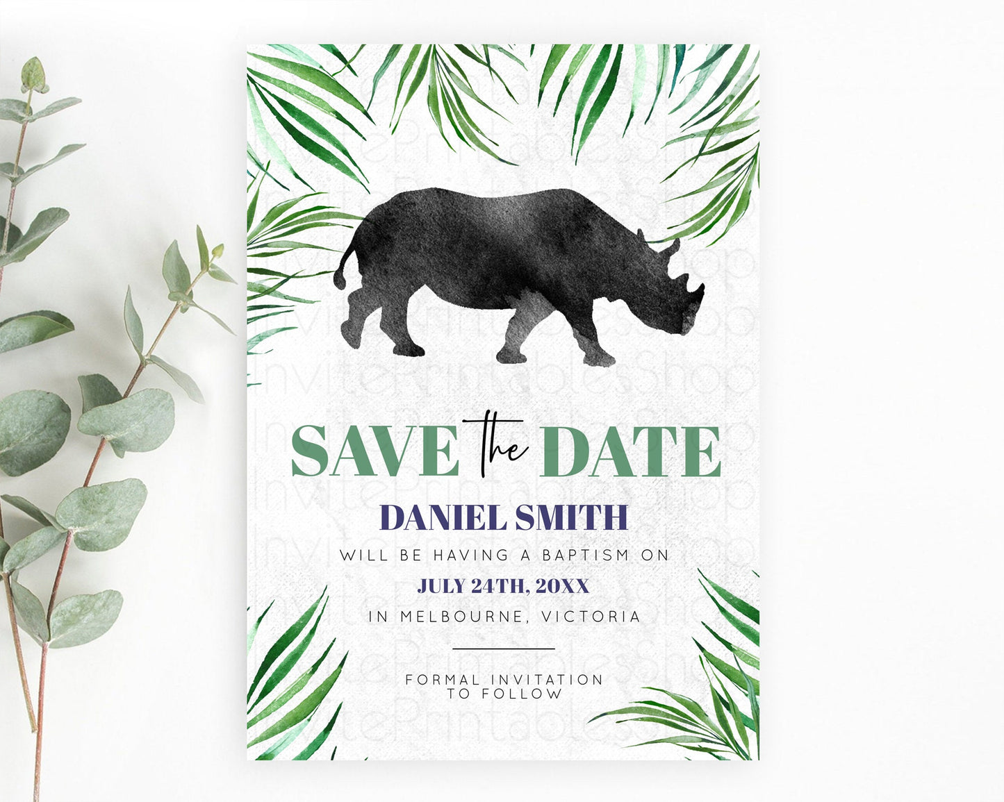 Rhino Save The Date Template Rhino Party Save The Date Safari Adventure Rhino Minimal Theme For 1st Birthday Baptism Baby Shower D10843