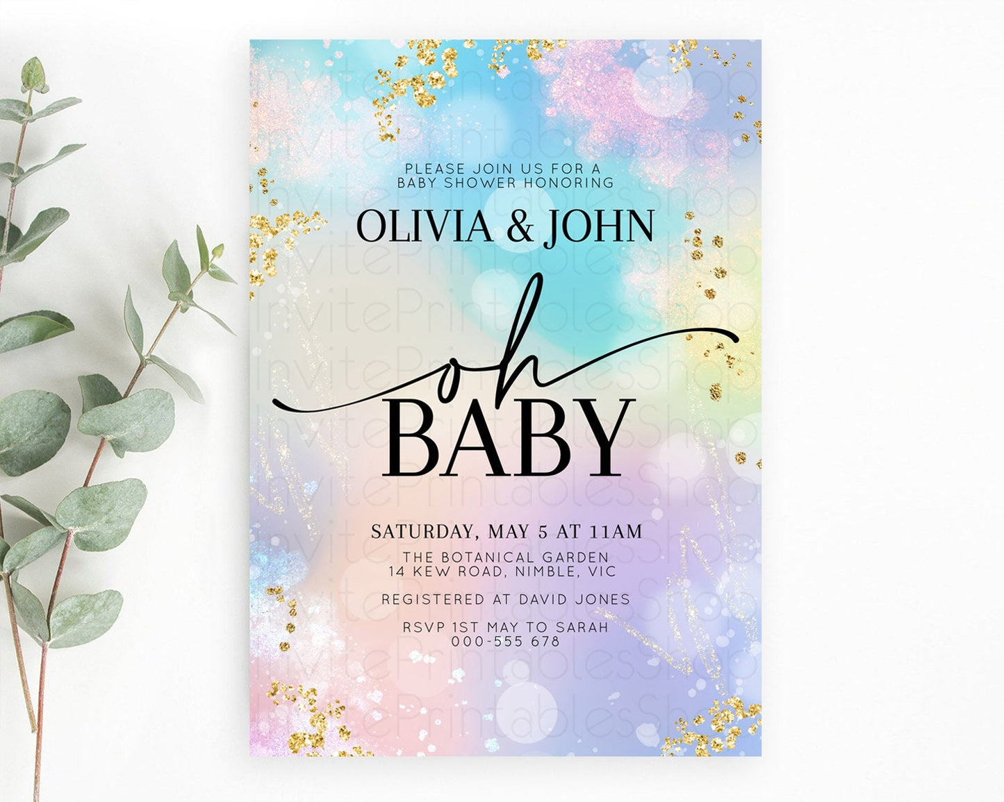 Pastel Baby Shower Invitation Rainbow Baby Shower Invitation Colorful Pastel Watercolor Invitation Gold Glitter Sprinkles Ombre D10675