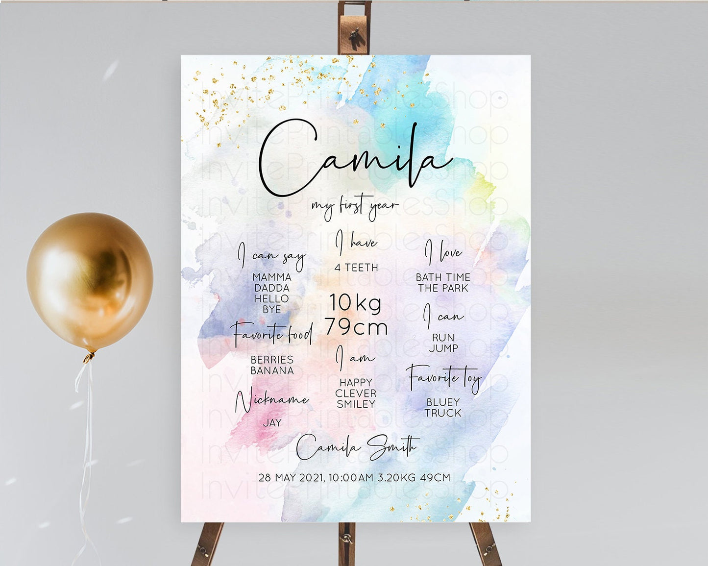 Pastel First Birthday Milestone Board Pastel Rainbow Milestone Poster Colorful Confetti Watercolor Glitter 1st Birthday Welcome Sign D10422