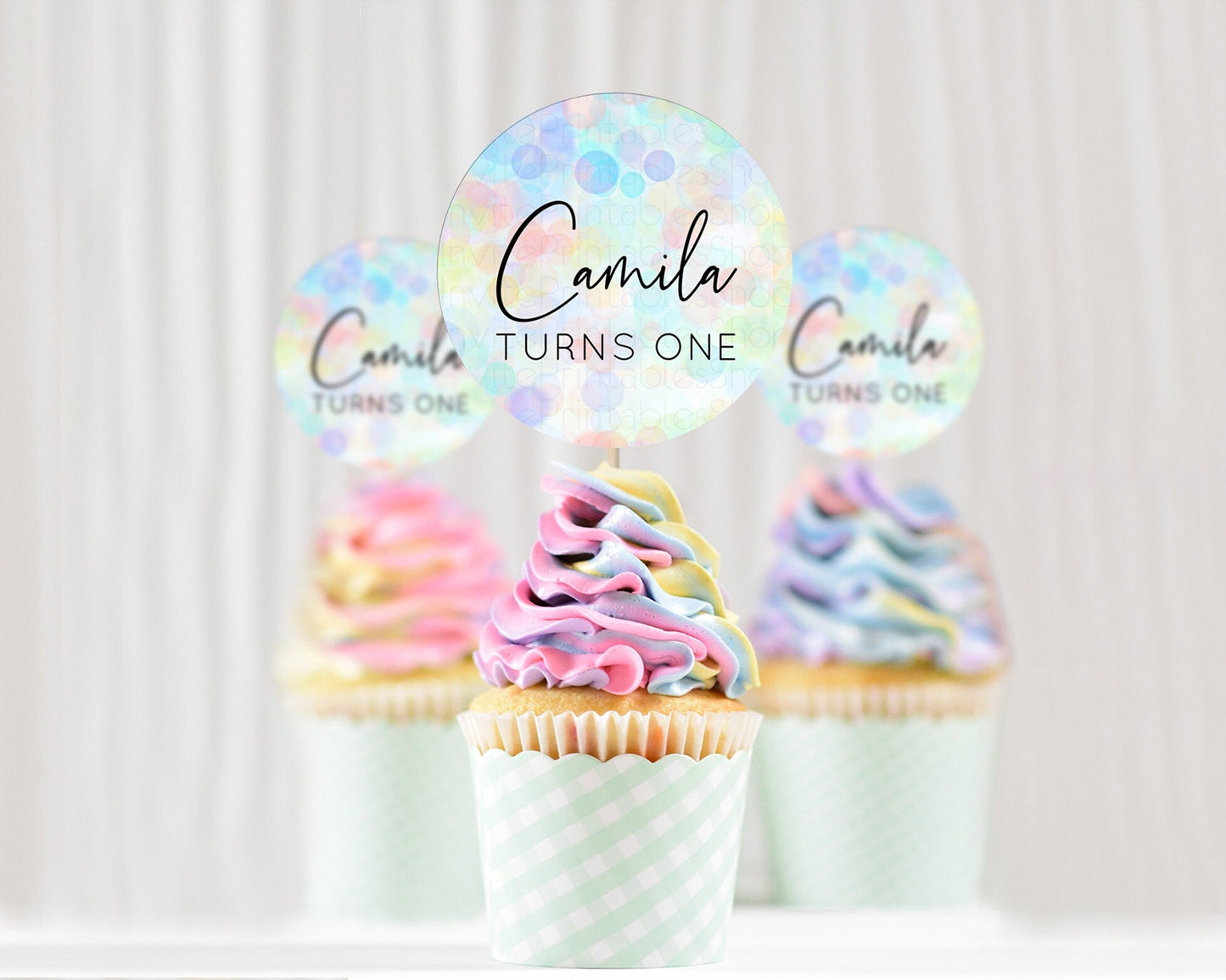 Pastel Cupcake Toppers Pastel Confetti Cupcake Topper Bubbles Sprinkles Colorful Rainbow Confetti Cupcake First Birthday Party Decor D10444