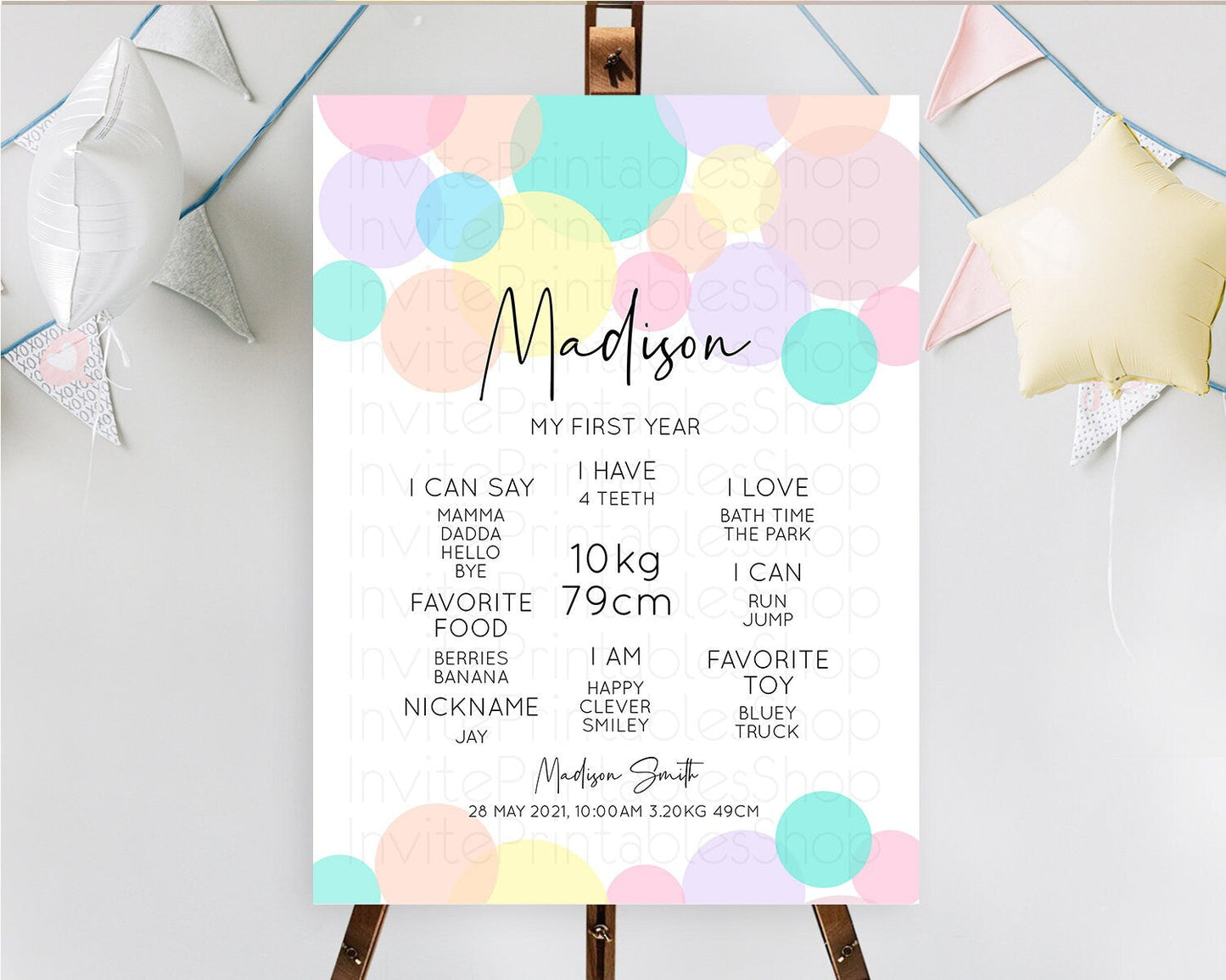 Pastel First Birthday Milestone Poster Pastel Rainbow Confetti First Birthday Milestone Board Colorful Bubbles Birthday Welcome Sign D10223