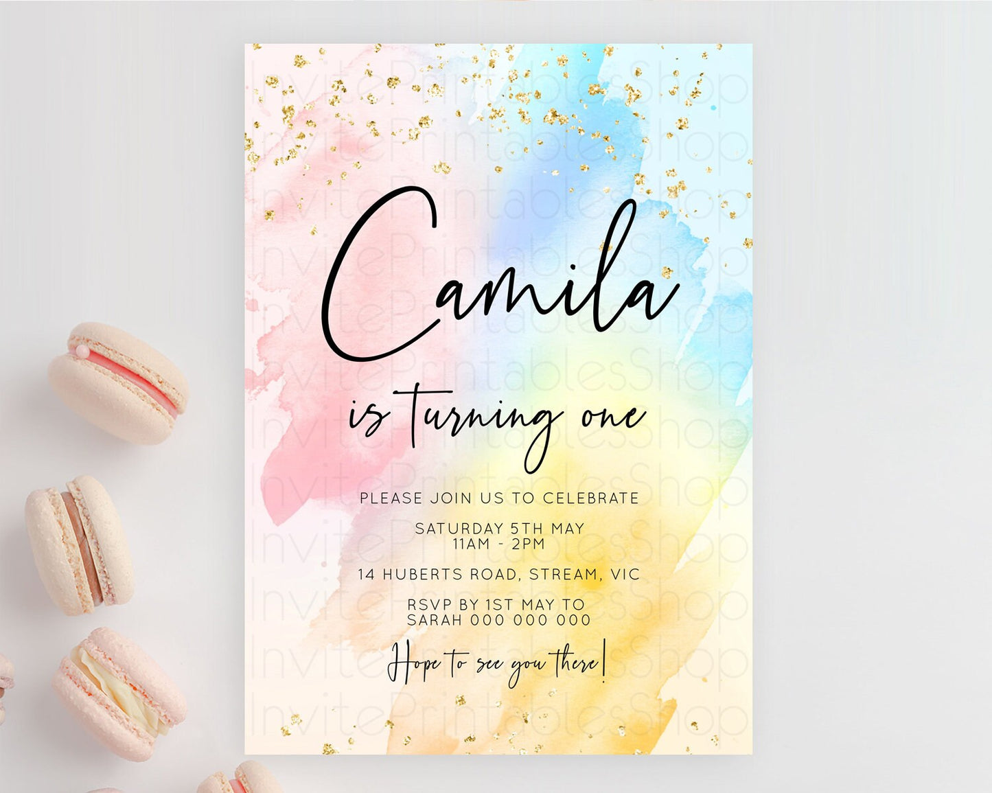 Rainbow Birthday Invitation Colorful Pastel Watercolor Invitation Gold Glitter Sprinkles Ombre Pastel 1st 2nd 3rd Birthday D10557