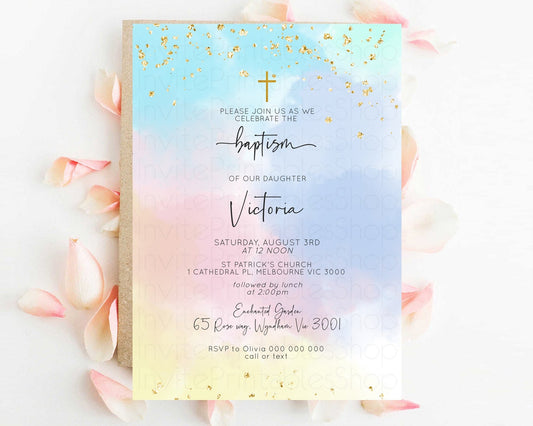 Rainbow Baptism invitation Pastel Rainbow Christening Invite Ombre Watercolor Invite Cloud Gold Sprinkles Splash Cross Religious Invite 446