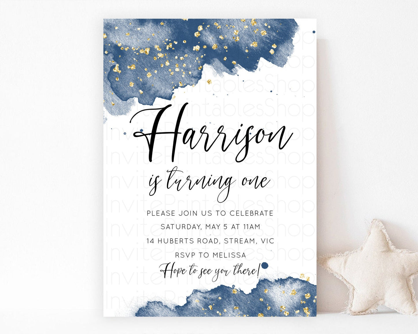 Blue Birthday Invitation Blue Watercolor Invitation Pastel Blue Watercolor Invitation Blue Splash Gold Invitation 1st First Birthday D10312