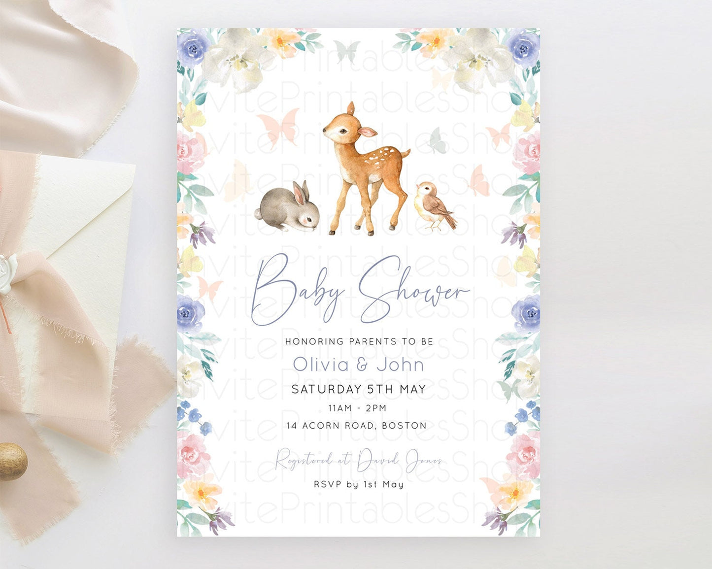 Enchanted Forest Baby Shower Invitation: Fawn, Bunny, Deer, Butterfly, Pastel Flowers, Whimsical Woodland, Pink, Blue, White Floral D10930