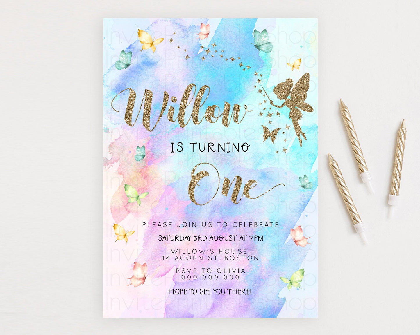 Pastel Fairy Birthday Invitation Pastel Butterflies Fairy Birthday Invitation Rainbow Ombre Watercolor 1st 2nd Birthday Invitation D23340