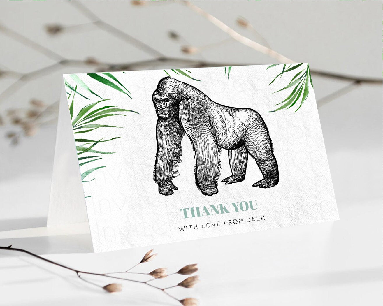 Editable Gorilla Thank You Gorilla Card Wild One Tropical Safari Jungle Zoo