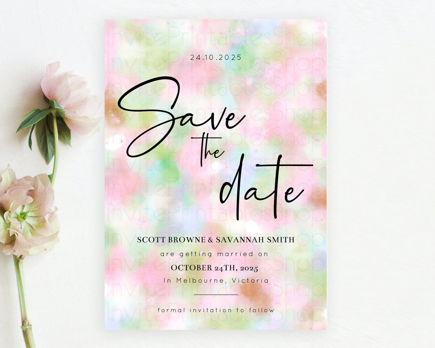 Pastel Save The Date Template Pastel Ombre Rainbow Watercolor Colorful Party For Birthday Baptism Baby Shower Wedding Bridal Shower D10698