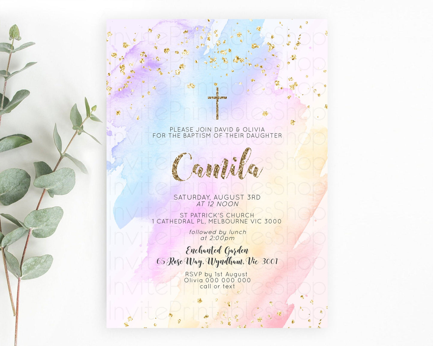 Pastel Baptism Invitation Pastel Colors Watercolor Baptism 1st Birthday Party Gold Ombre Pastel Rainbow Christening Holy Communion D10633