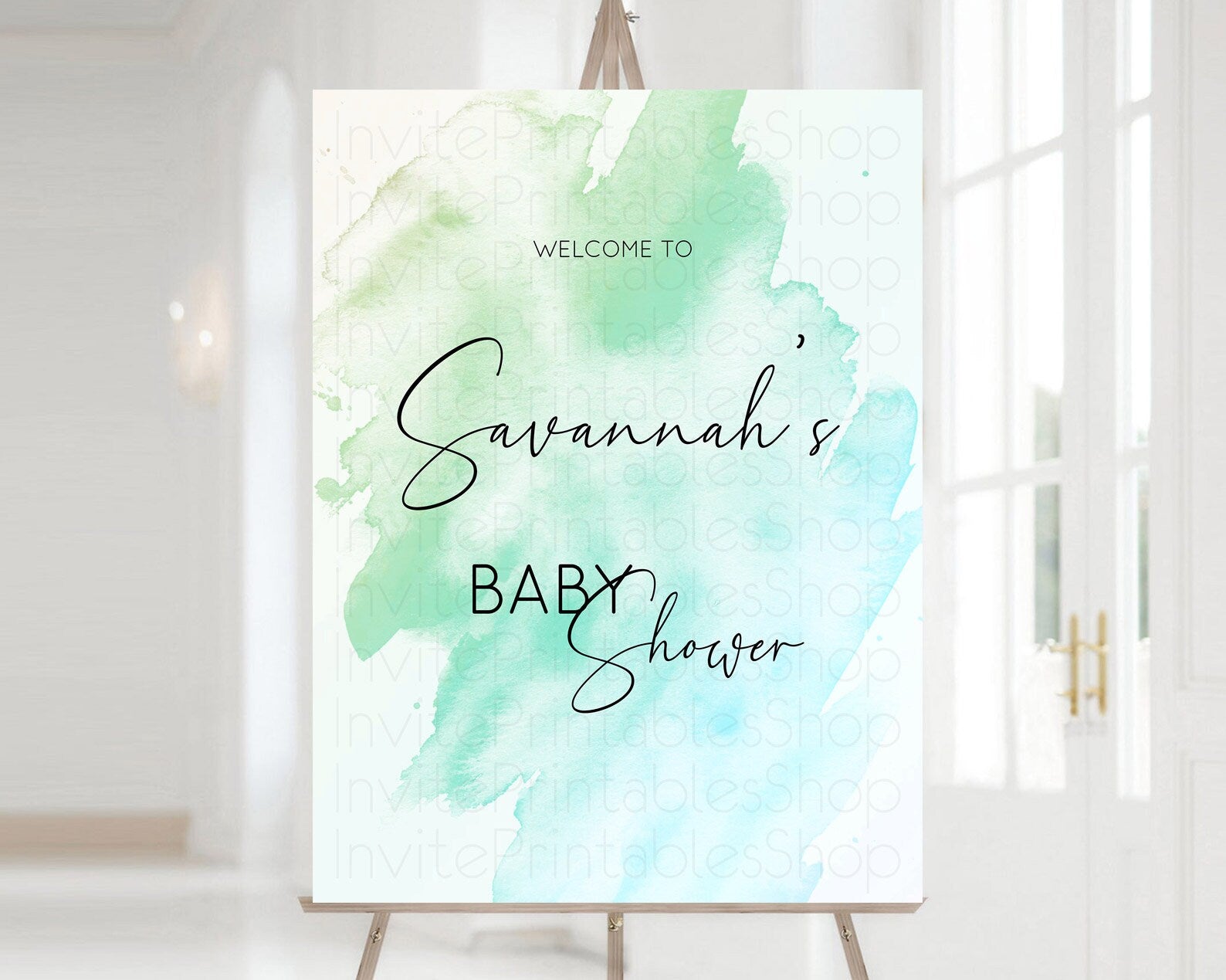 Editable Green Baby Shower Welcome Sign Green Watercolor Welcome Board Paste