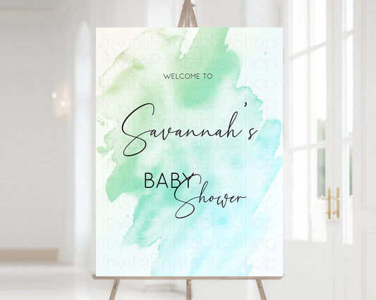 Editable Green Baby Shower Welcome Sign Green Watercolor Welcome Board Paste