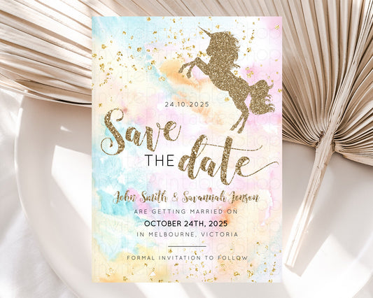 Unicorn Rainbow Save The Date Template Pastel Unicorn Party Magical Pastel Ombre Watercolor Unicorn 1st Birthday Baptism Baby Shower D10548