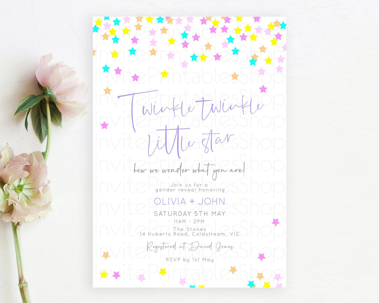 Twinkle Star Baby Shower Invitation Pastel Twinkle Star Invitation Rainbow Pastel Colorful Confetti Twinkle Little Star Baby Shower D10397