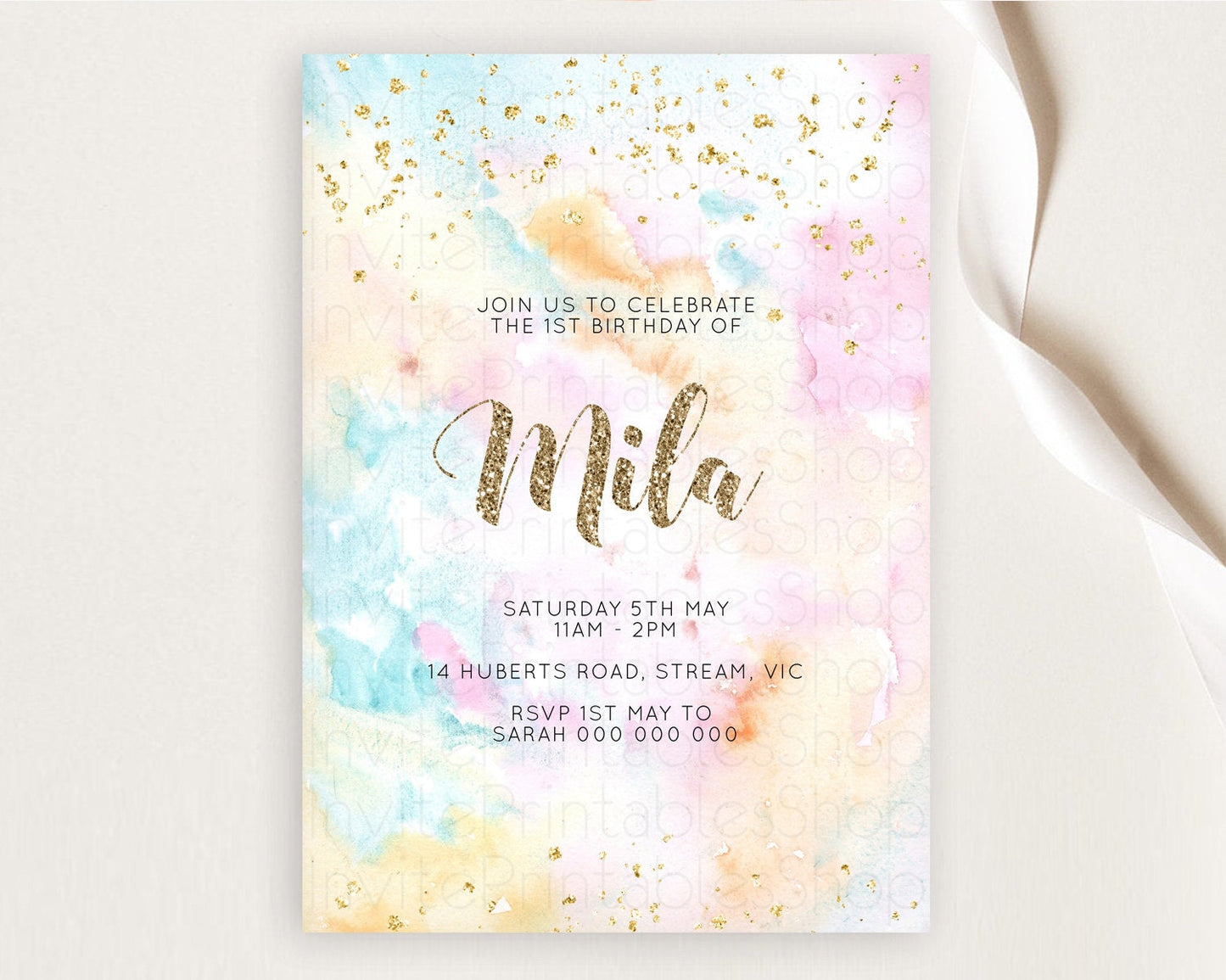 Rainbow Birthday Invitation Colorful Pastel Watercolor Invitation Gold Glitter Sprinkles Ombre Pastel 1st 2nd 3rd Birthday D10548