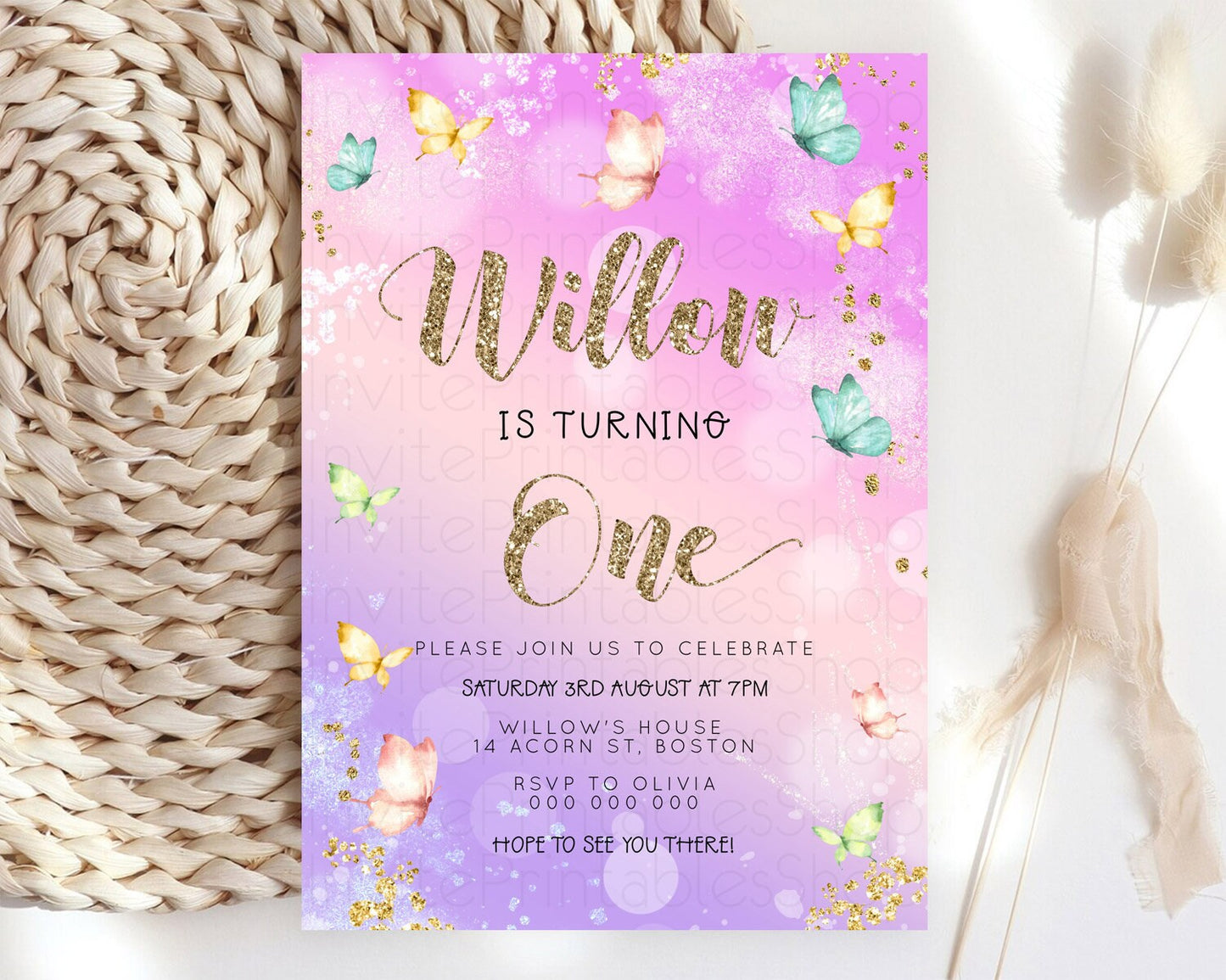 Pastel Butterfly Birthday Invitation Butterfly Birthday Invitation Colorful Splash Glitter Butterfly Garden 1st 2nd Birthday D23092