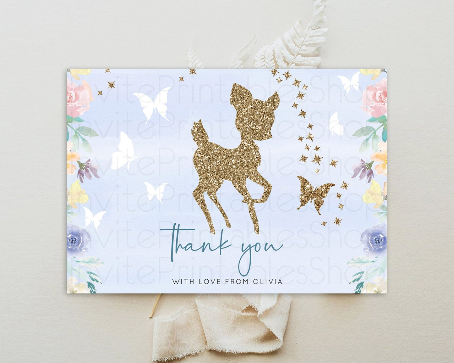 Fawn Thank You Deer Thank You Card Pastel Floral Deer Birthday Thank You Card Enchanted Forest Butterfly Deer Teacher Thank You Card D10879