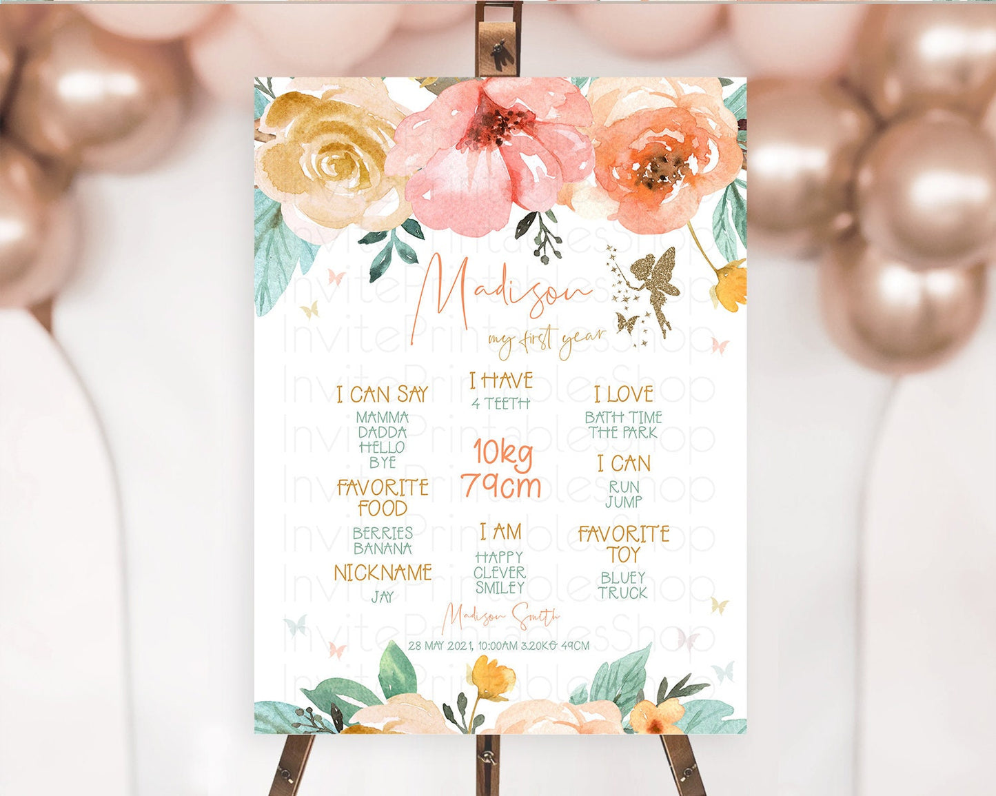 Fairy First Birthday Milestone Poster Fairy Secret Garden Milestone Board Enchanted Garden Pastel Floral Butterfly 1st Birthday Sign D10346