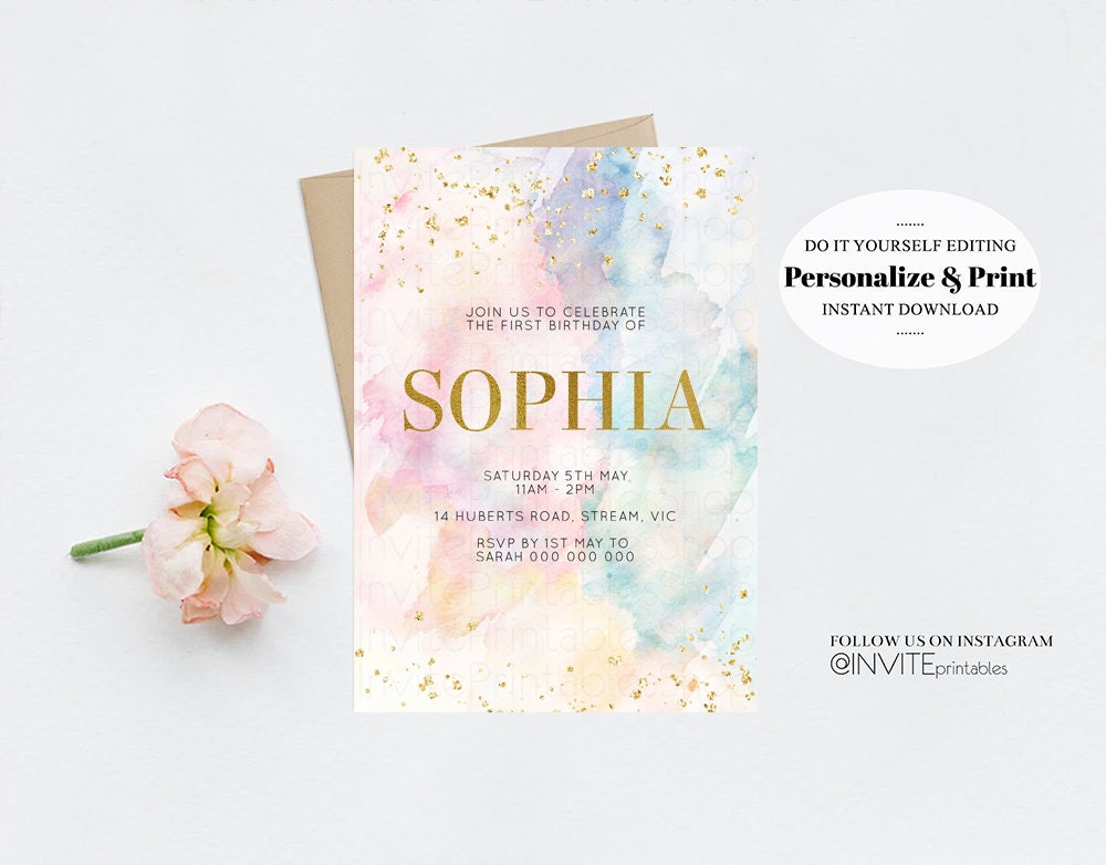 Rainbow Birthday Invitation Colorful Watercolor Gold Glitter Sprinkles Ombre Pastel Invitation Printable Editable Invite 1st 2nd 3rd 276