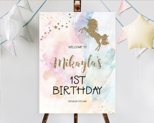 Unicorn Rainbow Birthday Welcome Board Pastel Unicorn Welcome Sign Magical Ombre Colorful Watercolor First Birthday Welcome Sign D10953