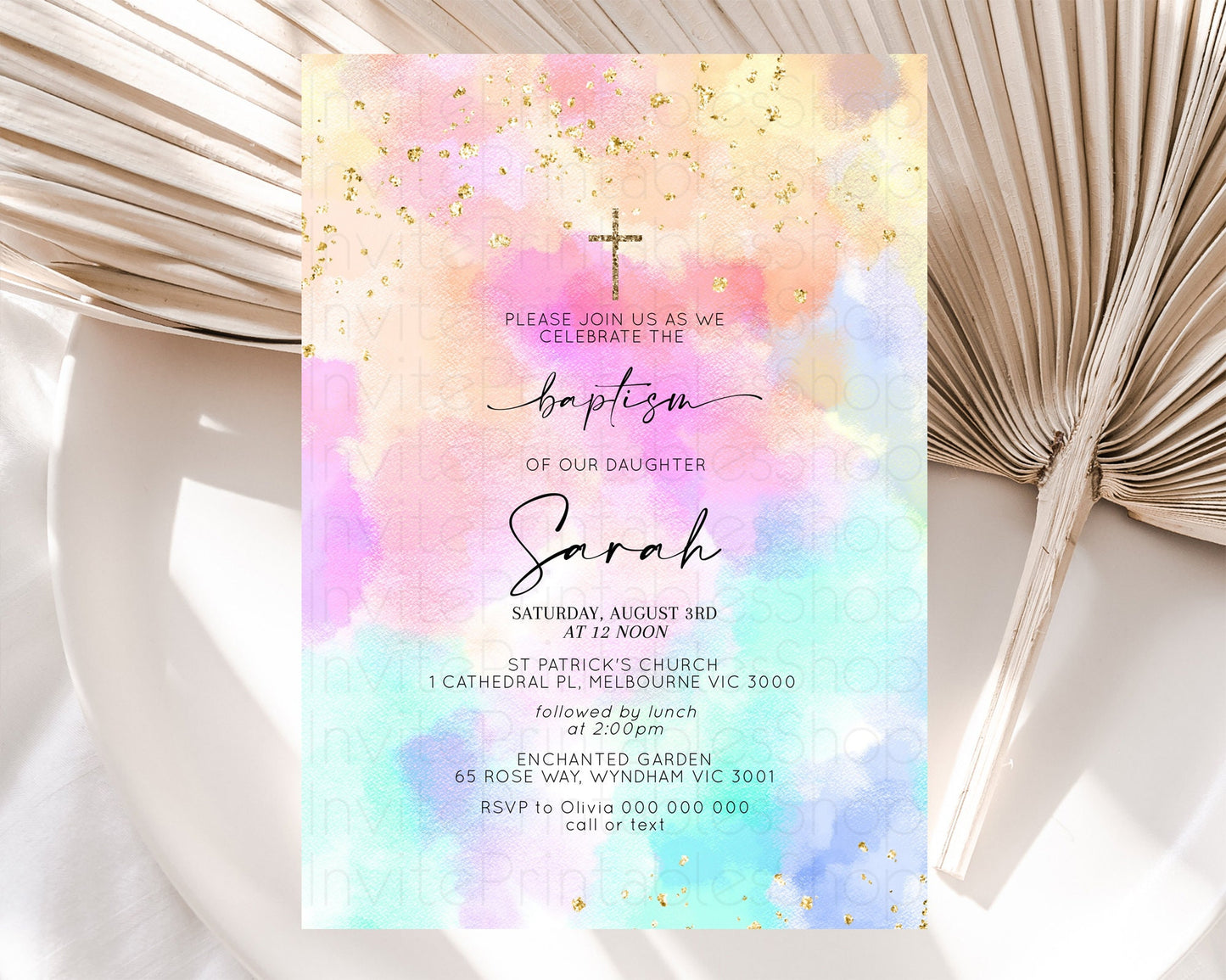 Pastel Baptism Invitation Pastel Colors Watercolor Baptism 1st Birthday Party Gold Ombre Pastel Rainbow Christening Holy Communion D10667