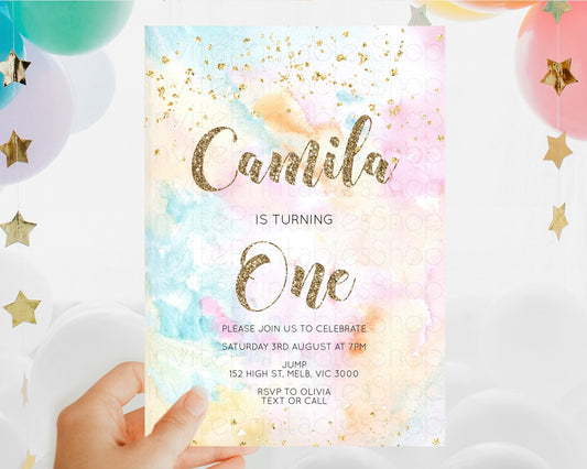 Rainbow Birthday Invitation Colorful Pastel Watercolor Invitation Gold Glitter Sprinkles Ombre Pastel 1st 2nd 3rd Birthday D10548