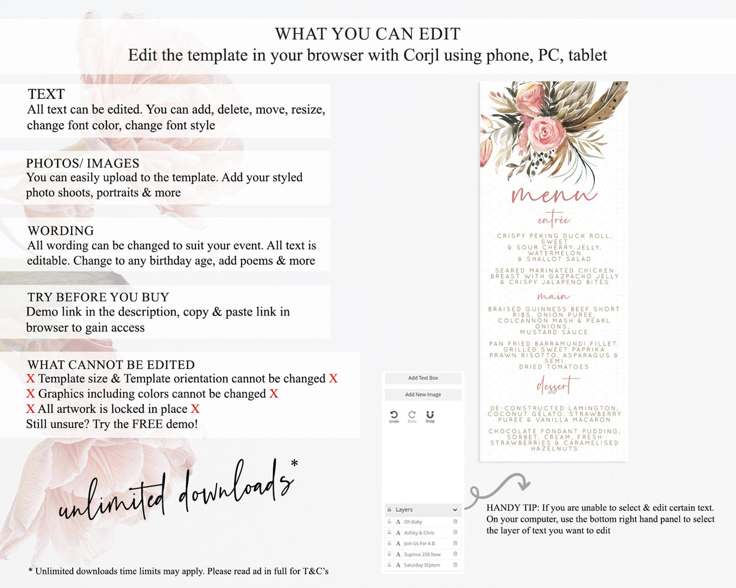 Secret Garden Menu Wildflower Menu Template Pastel Flower Garden Table Decor Boho Floral Dinner Dessert Floral Party Food Menu D10686