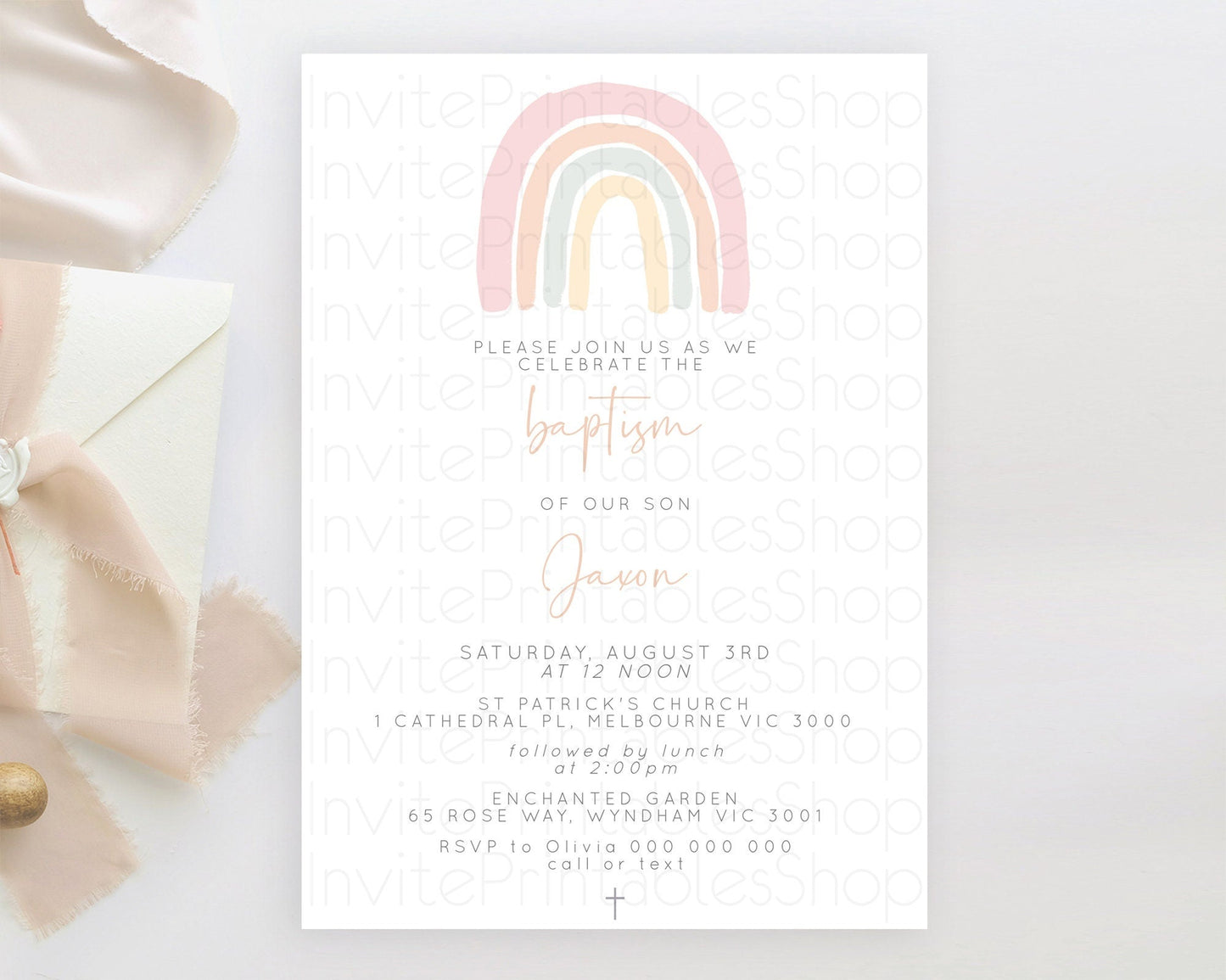 Pastel Rainbow Baptism Invitation Boho Rainbow Baptism 1st Birthday Invitation Rainbow Pastel Watercolor Christening Invitation D10162