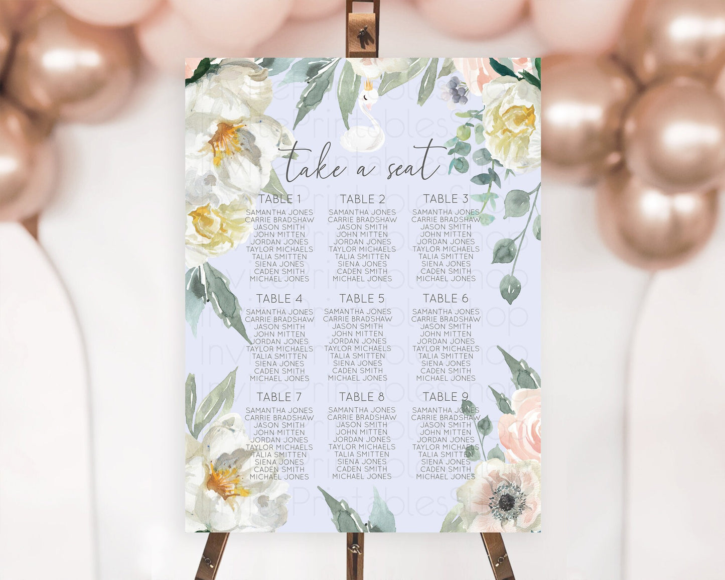 Swan Seating Chart Swan Princess Ballet Seating Sign Watercolour Pastel Floral Enchanted Forest Swan Lake Party Decor Secret Garden D10756